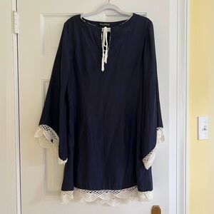 Union of Angels Navy Midi Dress with White Lace Hems  Flare Sleeve Women’s S